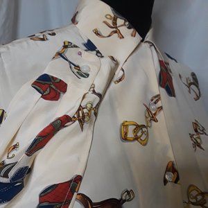Tracy M 100% Silk Jockey Accessories Patterned Blouse Size L